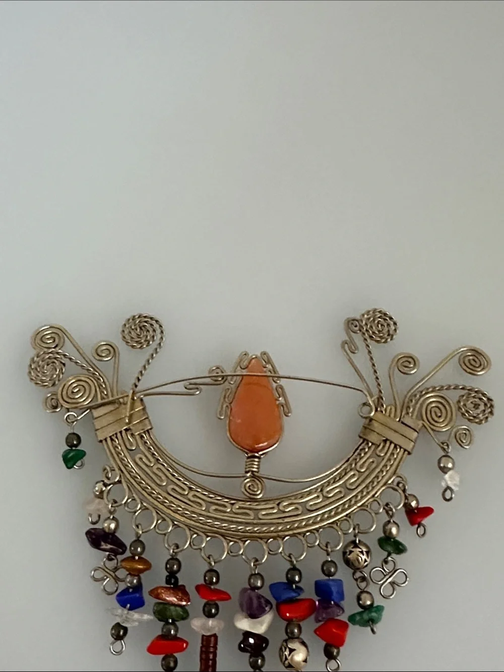 Artisan Multicolor Beaded Silver-Tone Filigree Brooch with Orange Center